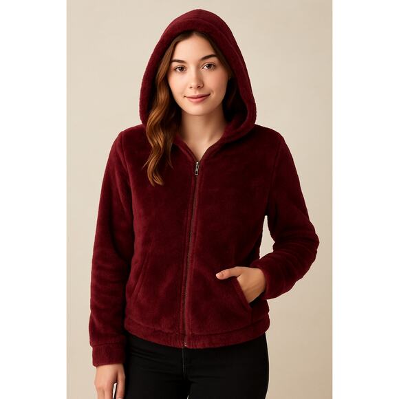 Y2K Plush Faux Fur Zip Up Hoodie No Boundaries Burgundy Size Small (3-5) - Picture 1 of 5